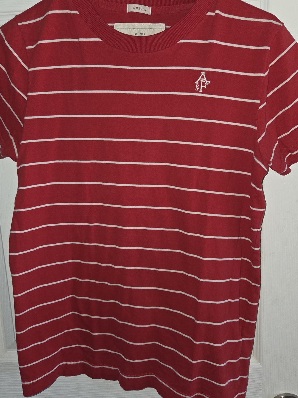 Abercrombie & Fitch Red and White Striped Crew Tee